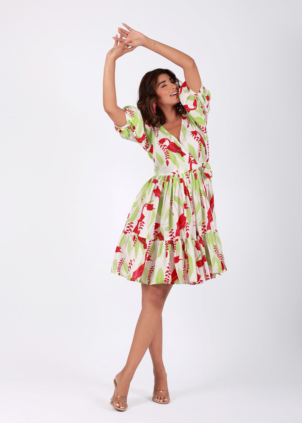 Tropical Garden – Red & Green Tropical Bird Print Cotton Dress