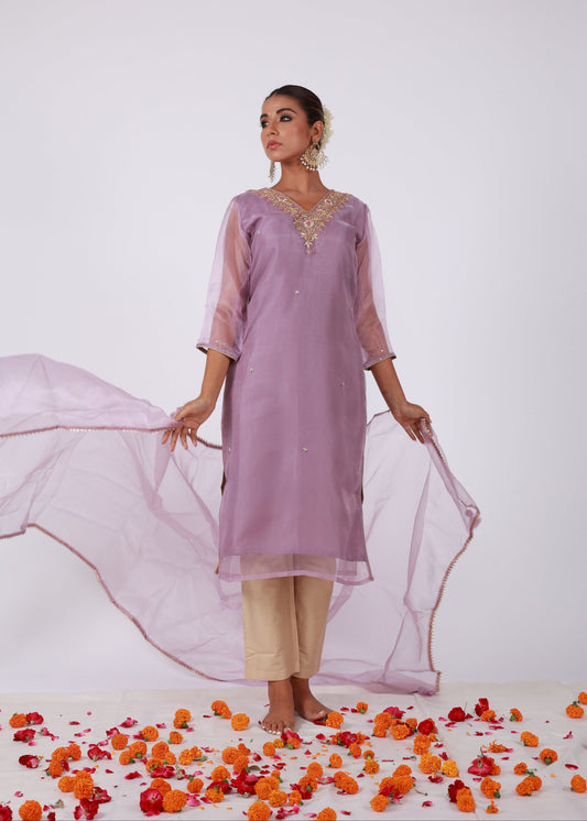 Lavender Organza Kurta Dupatta Set with Hand Embroidery