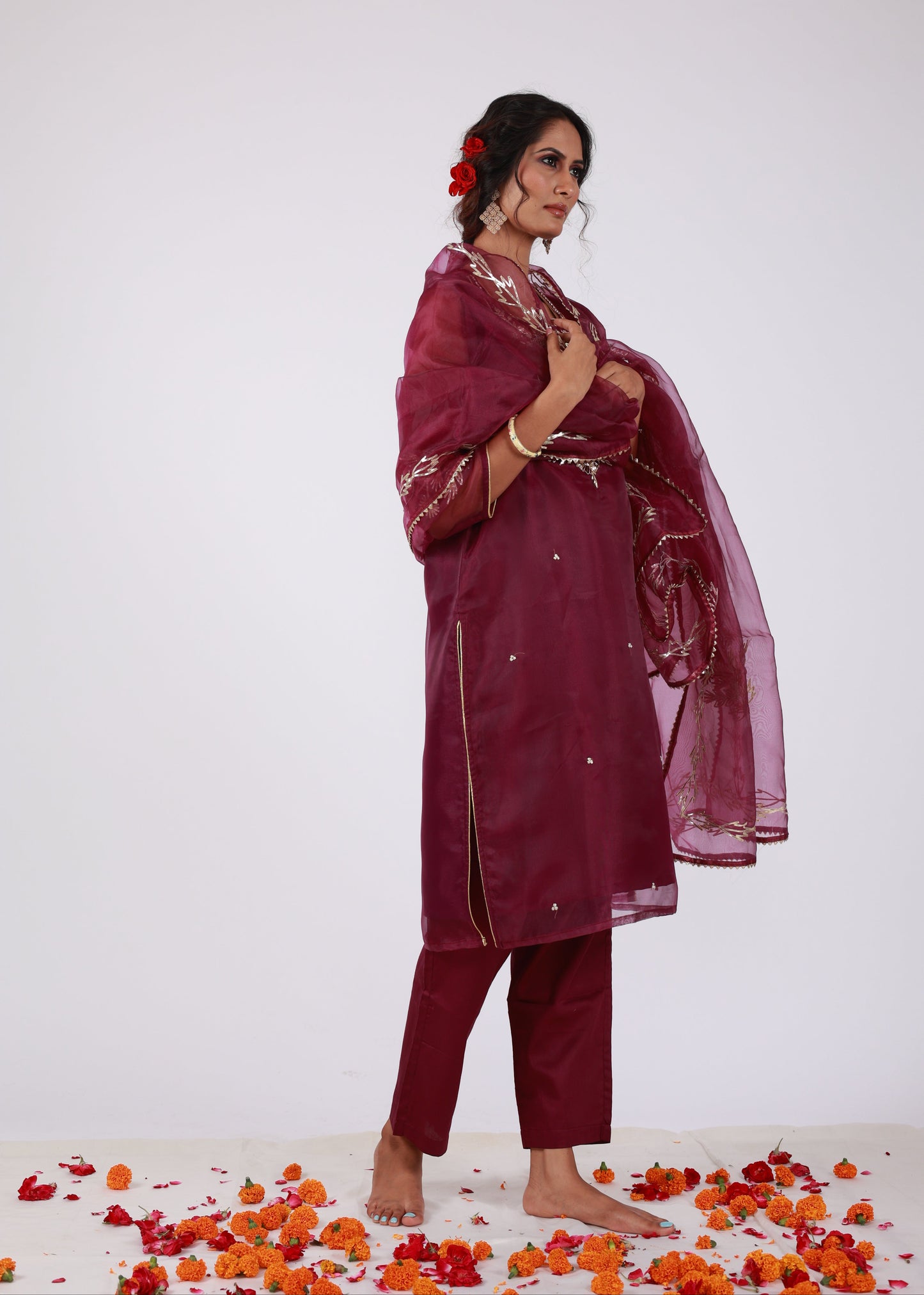 Wine Organza Straight Kurta Set