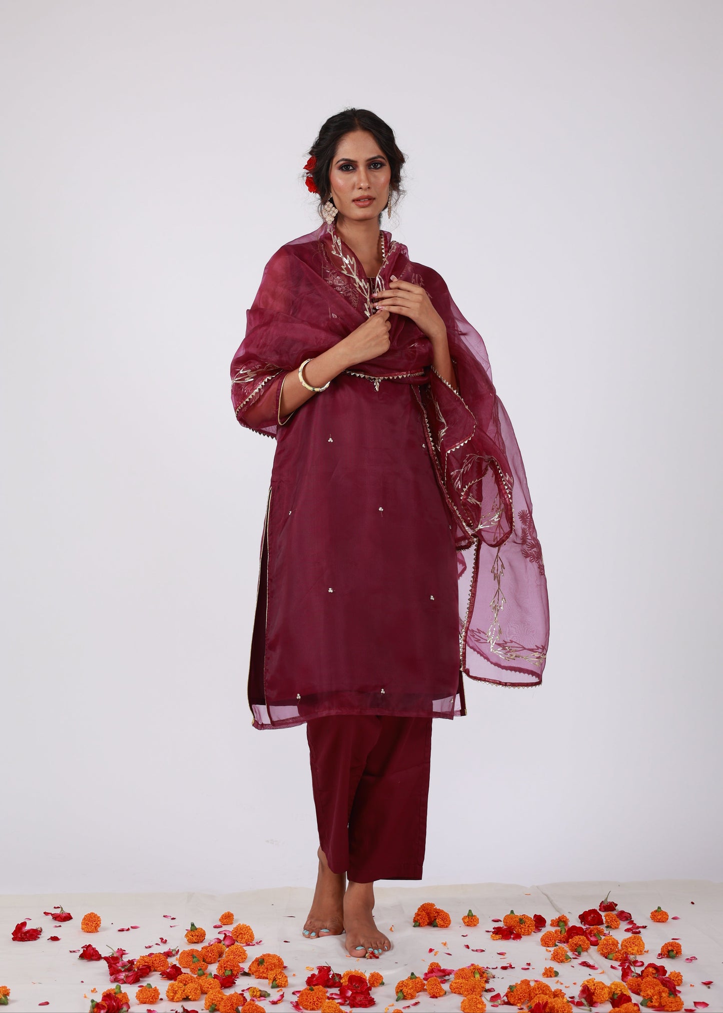 Wine Organza Straight Kurta Set