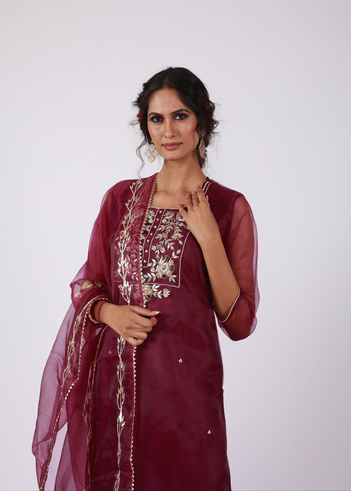Wine Organza Straight Kurta Set