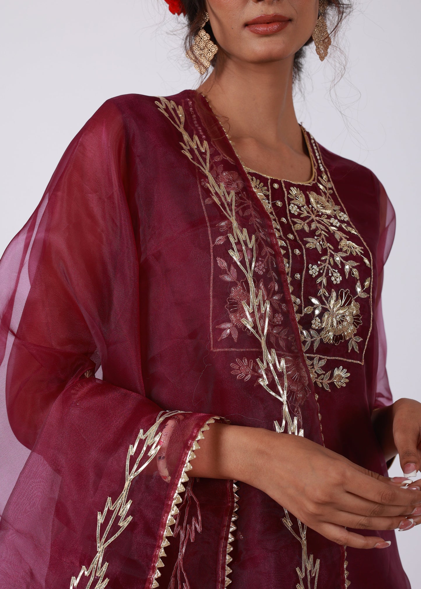 Wine Organza Straight Kurta Set