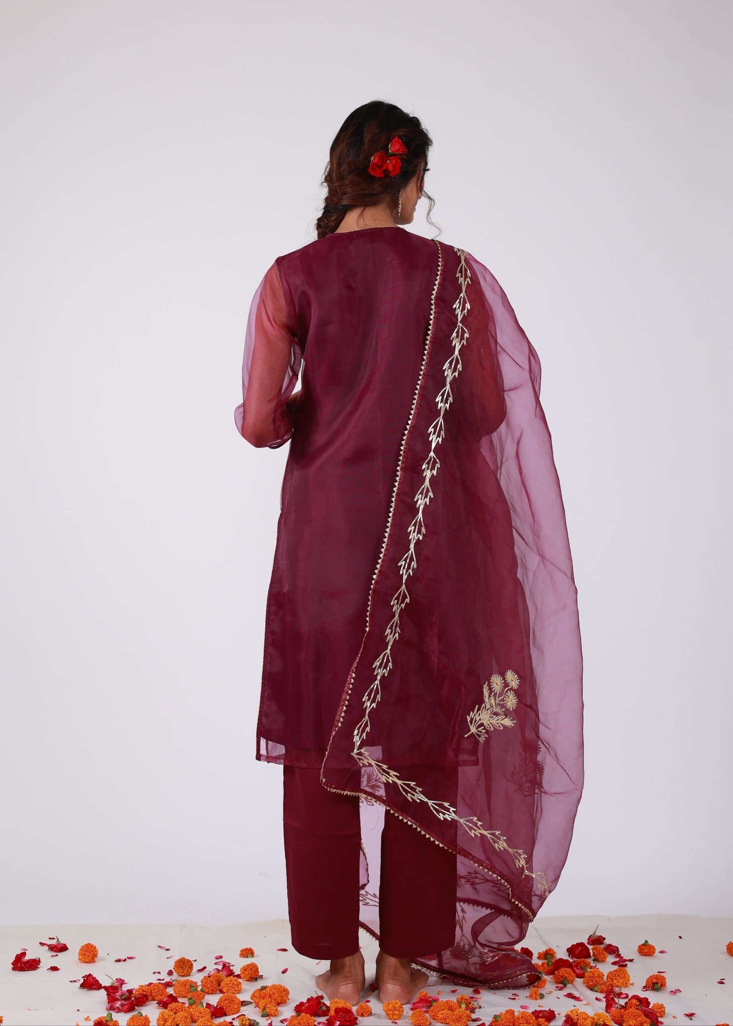 Wine Organza Straight Kurta Set
