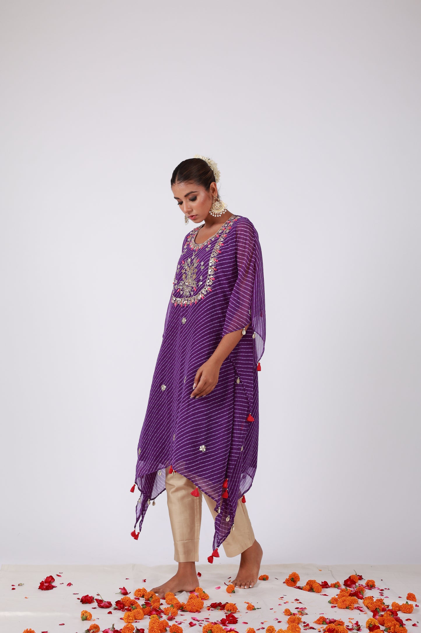 Purple Georgette Kaftan Set with Gota Patti, Zari & Tassel Detailing | Roobroo Collection by That Romeo