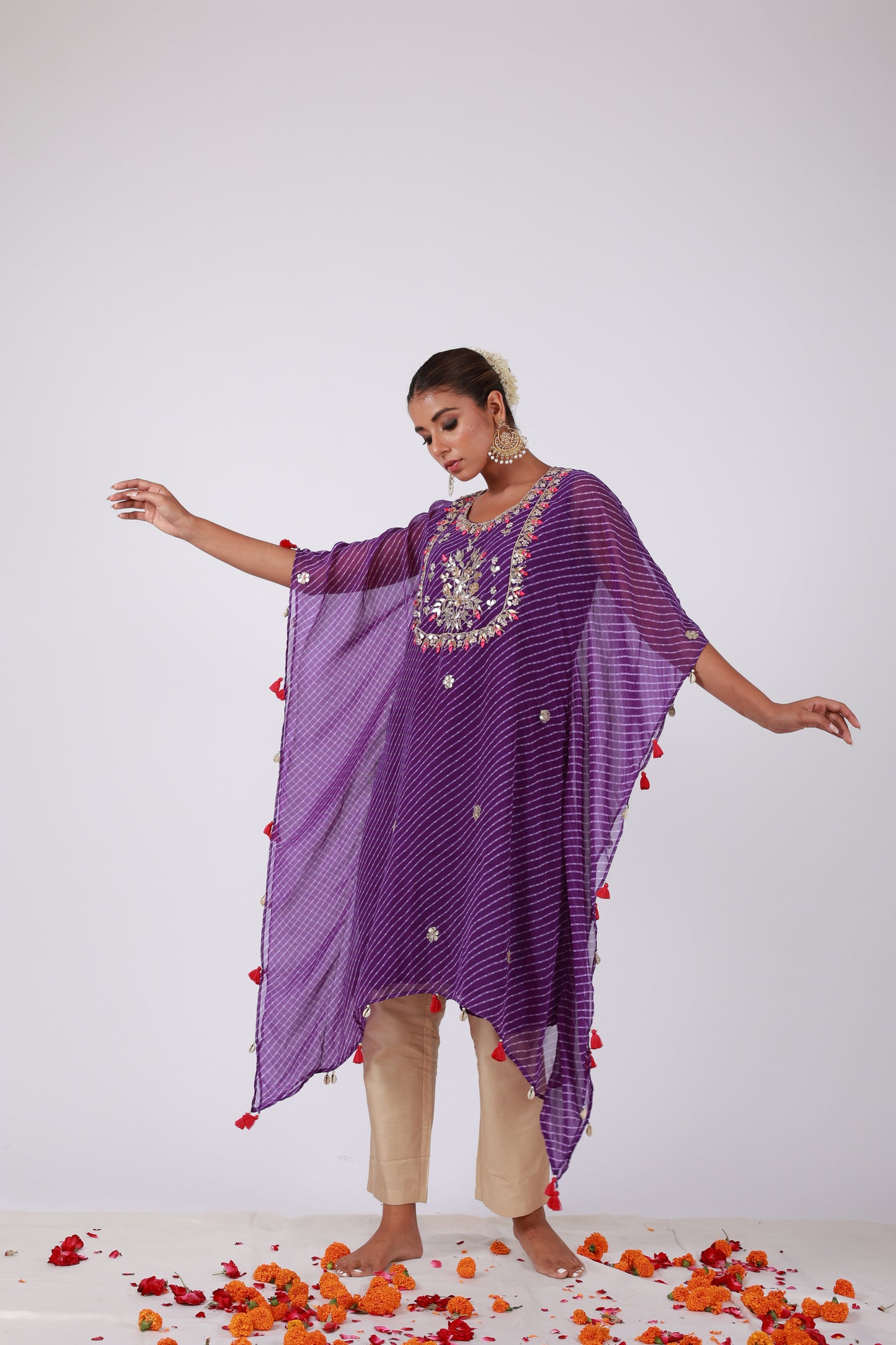 Purple Georgette Kaftan Set with Gota Patti, Zari & Tassel Detailing | Roobroo Collection by That Romeo
