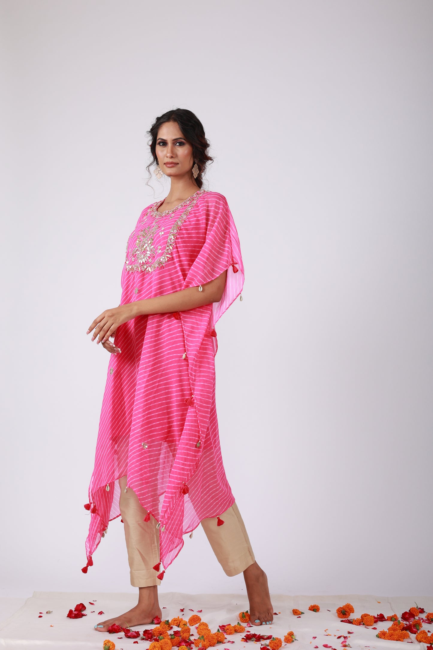 Pink Georgette Kaftan Set with Gota Patti & Tassel Embroidery | Roobroo Collection by That Romeo