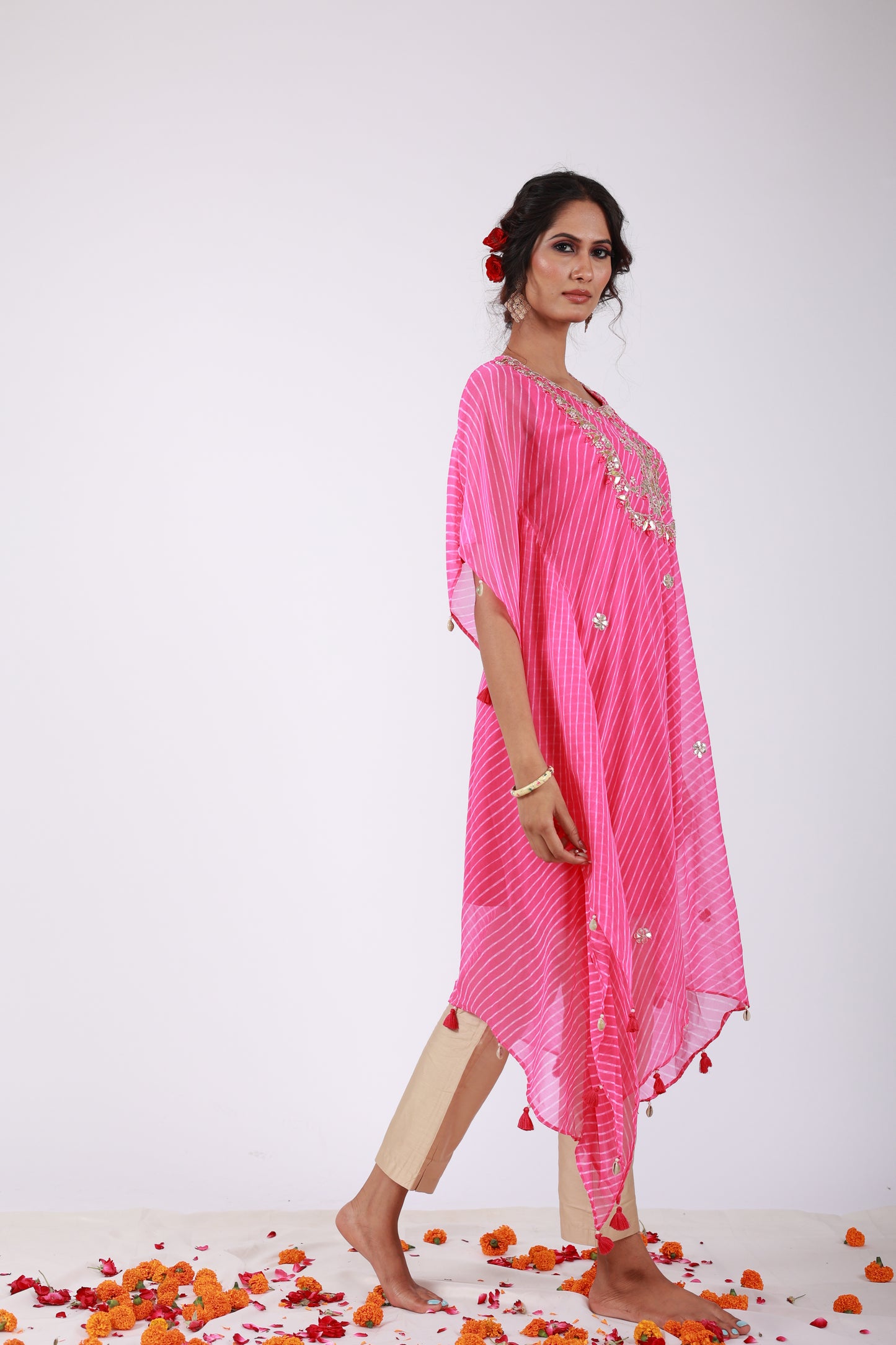 Pink Georgette Kaftan Set with Gota Patti & Tassel Embroidery | Roobroo Collection by That Romeo