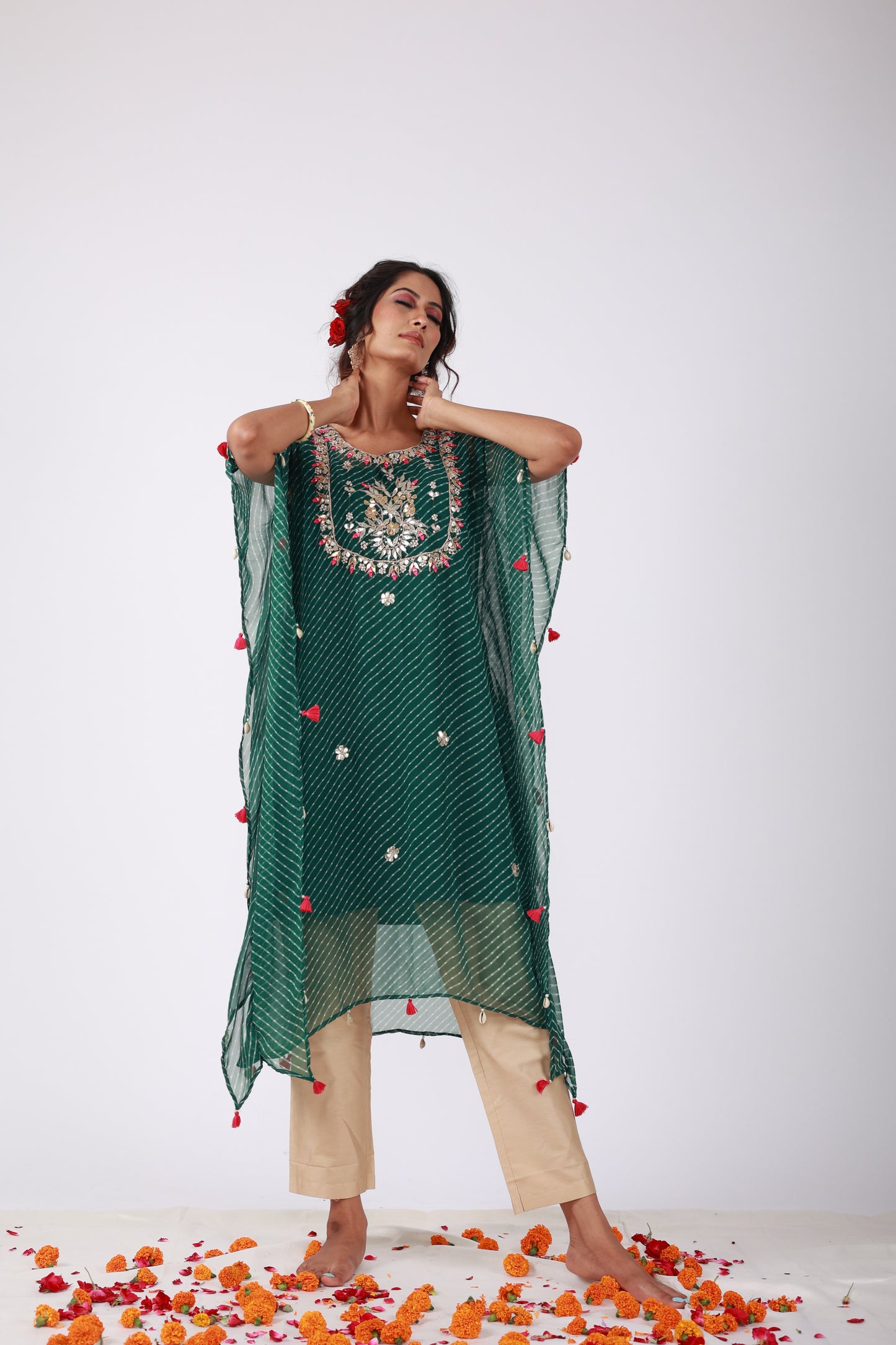 Roobroo – Green Leheriya Georgette Kaftan Set with Gota Patti & Zari Embroidery | That Romeo