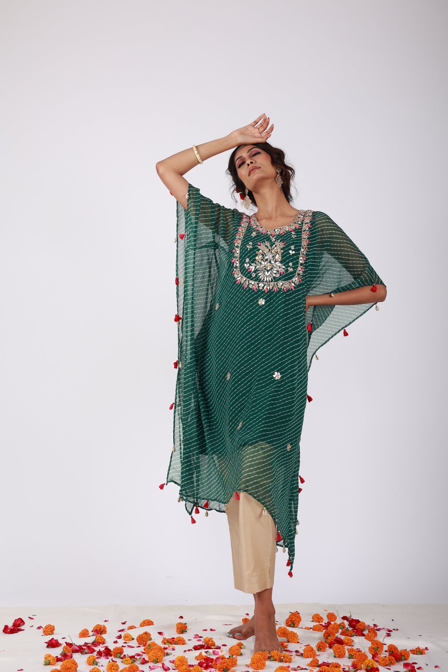 Roobroo – Green Leheriya Georgette Kaftan Set with Gota Patti & Zari Embroidery | That Romeo