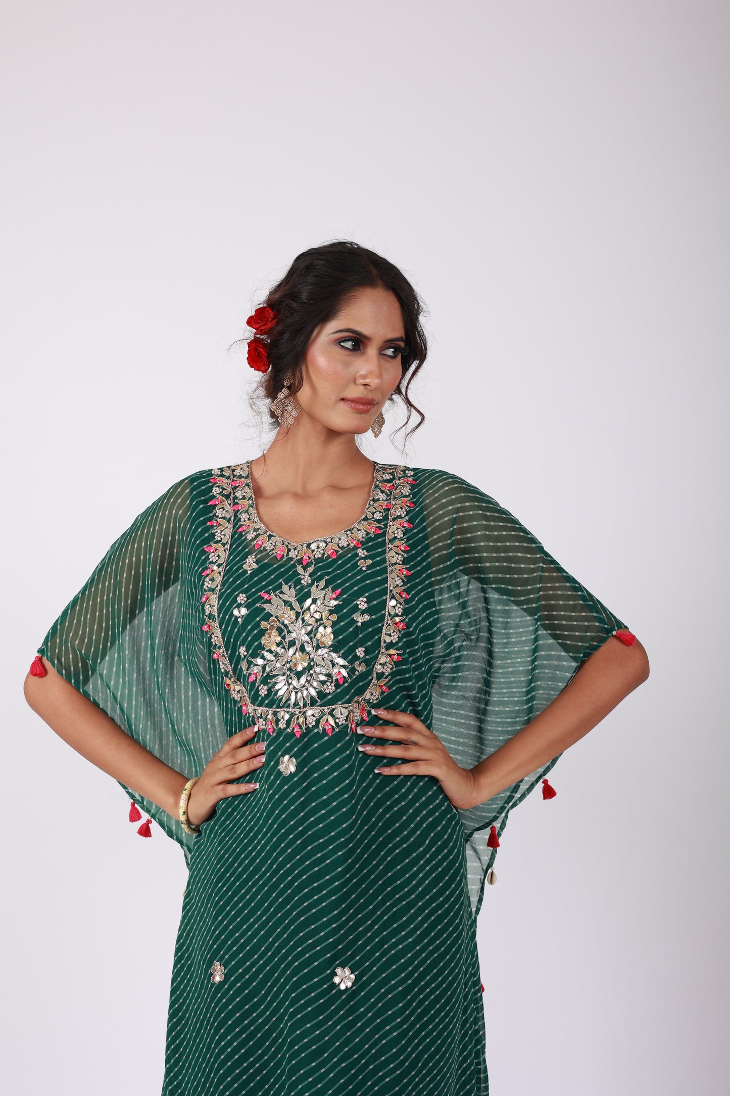 Roobroo – Green Leheriya Georgette Kaftan Set with Gota Patti & Zari Embroidery | That Romeo