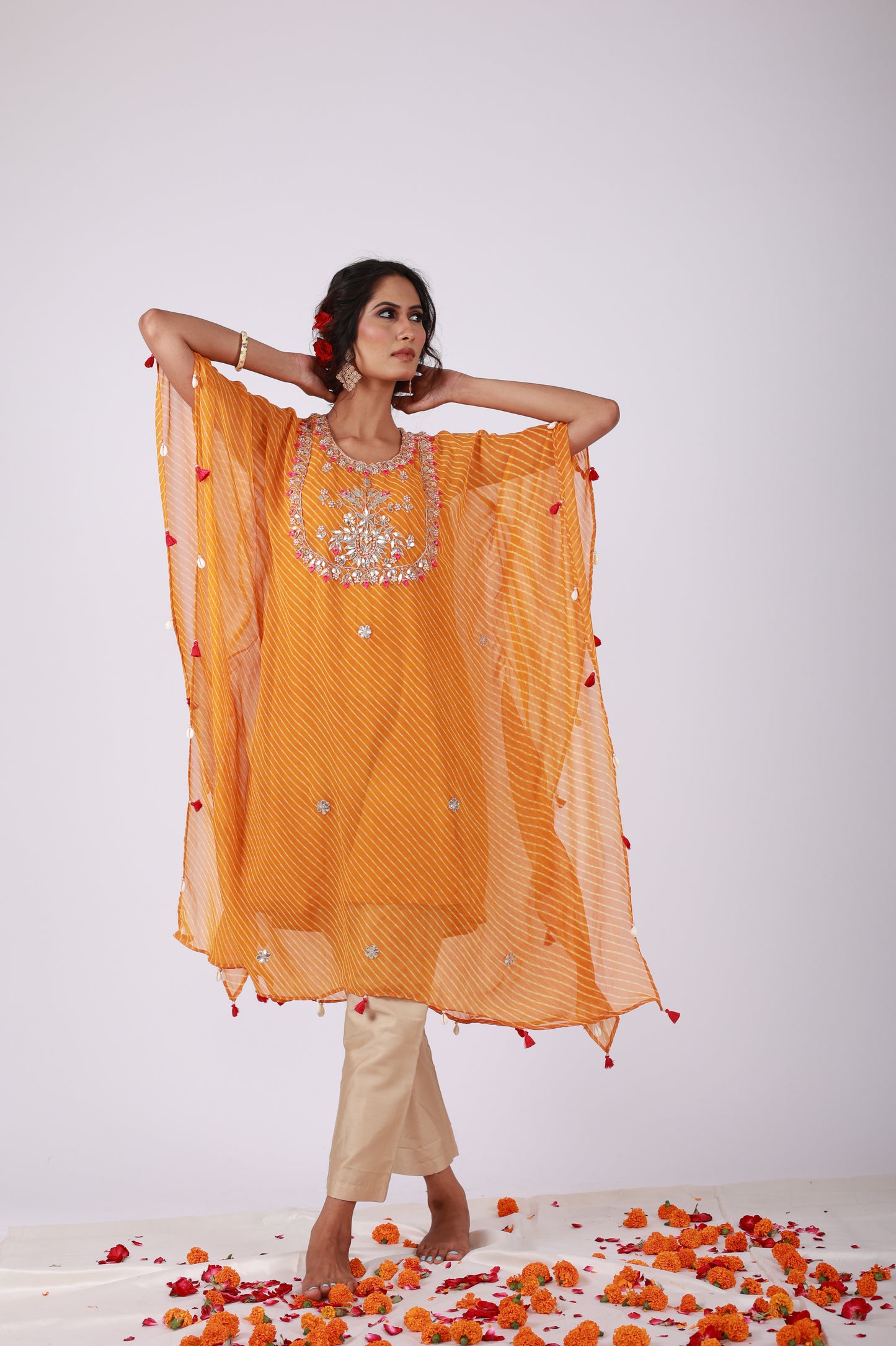 Chrome Yellow Georgette Kaftan Set with Gota Patti & Tassel Embroidery | Roobroo Collection by That Romeo
