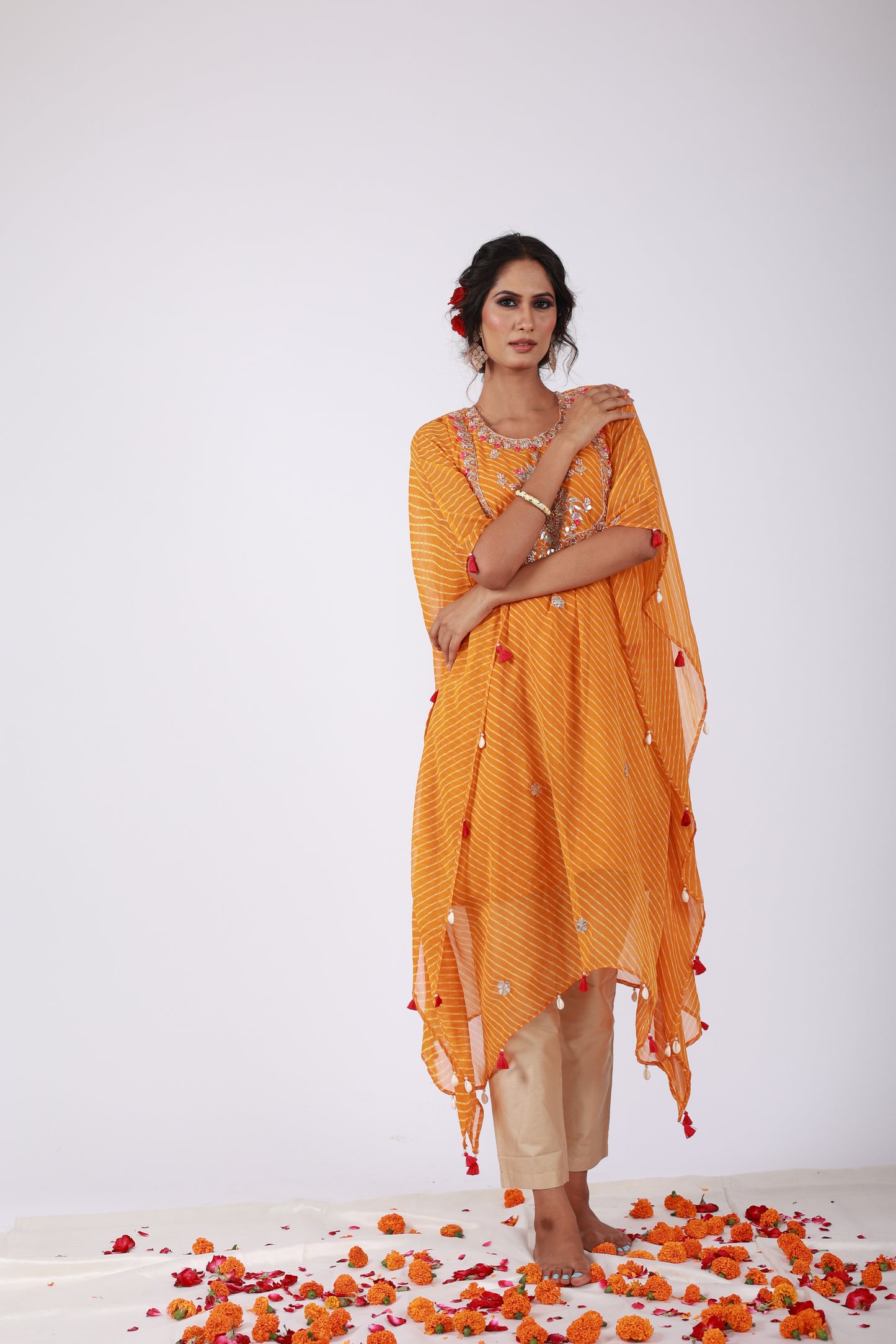 Chrome Yellow Georgette Kaftan Set with Gota Patti & Tassel Embroidery | Roobroo Collection by That Romeo