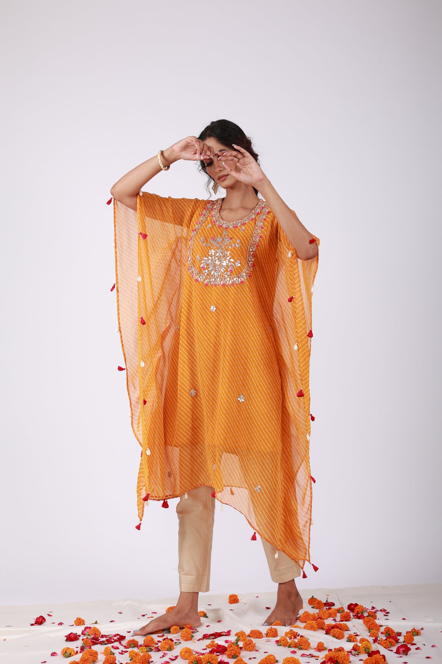 Chrome Yellow Georgette Kaftan Set with Gota Patti & Tassel Embroidery | Roobroo Collection by That Romeo