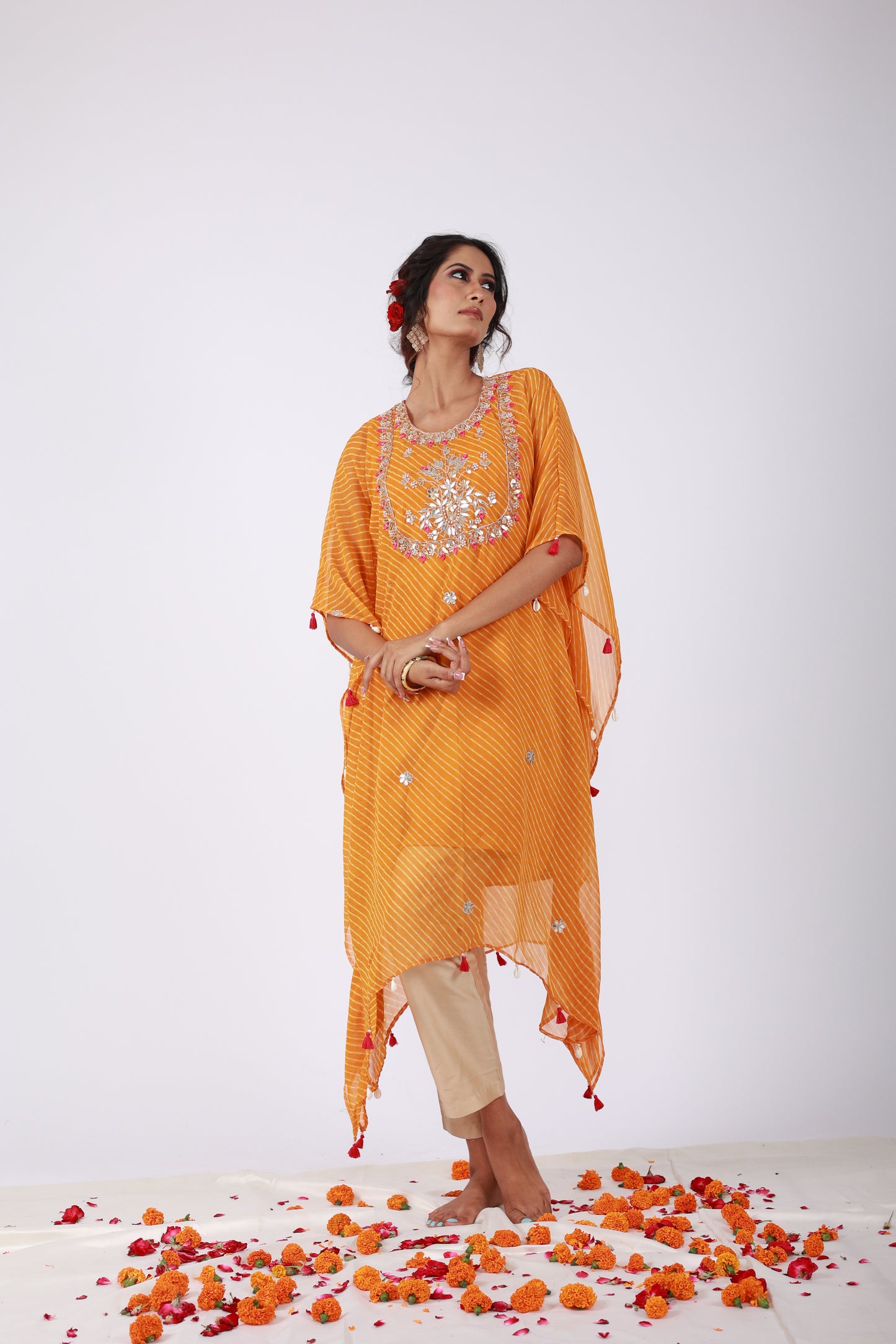 Chrome Yellow Georgette Kaftan Set with Gota Patti & Tassel Embroidery | Roobroo Collection by That Romeo