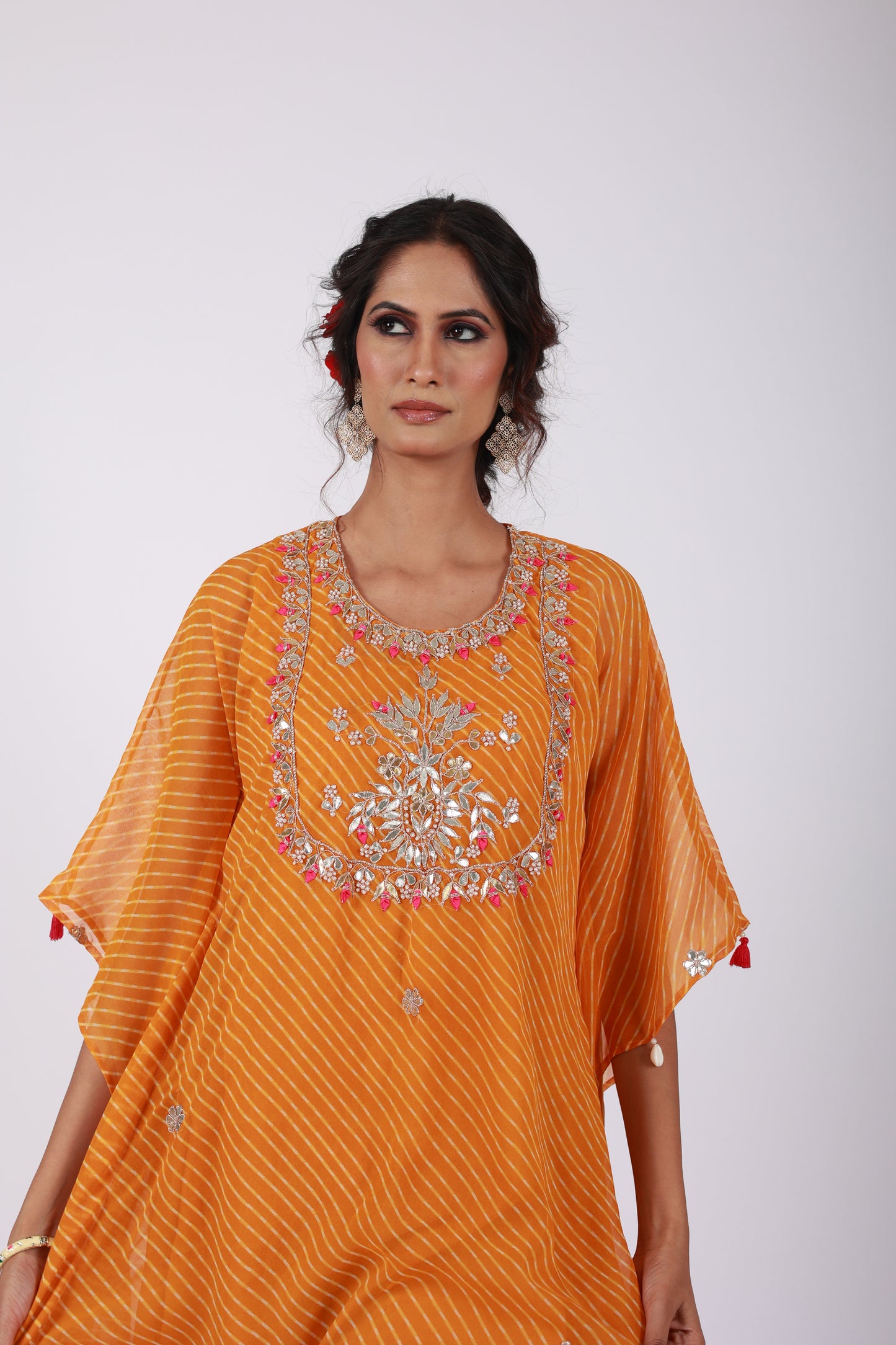 Chrome Yellow Georgette Kaftan Set with Gota Patti & Tassel Embroidery | Roobroo Collection by That Romeo