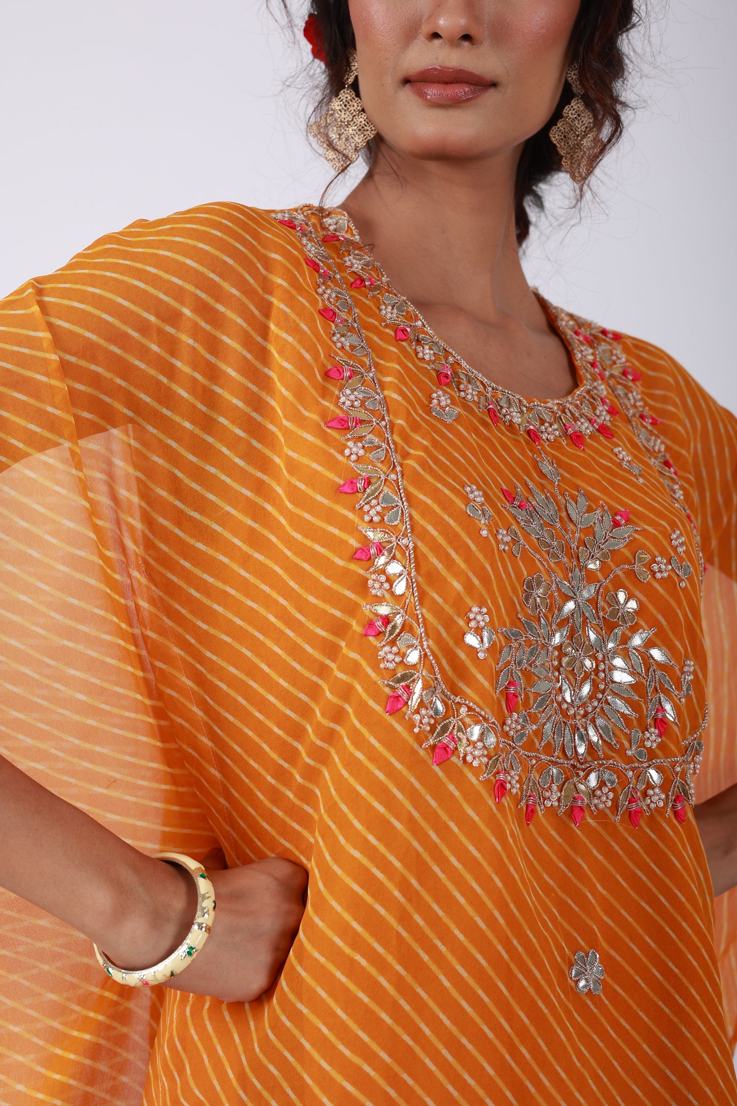 Chrome Yellow Georgette Kaftan Set with Gota Patti & Tassel Embroidery | Roobroo Collection by That Romeo