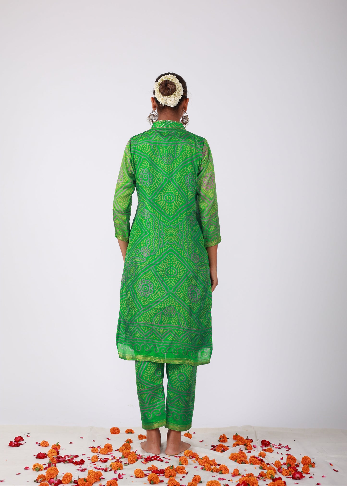Green Bandhani Semi-Silk Kurta Set with Embellished Neckline