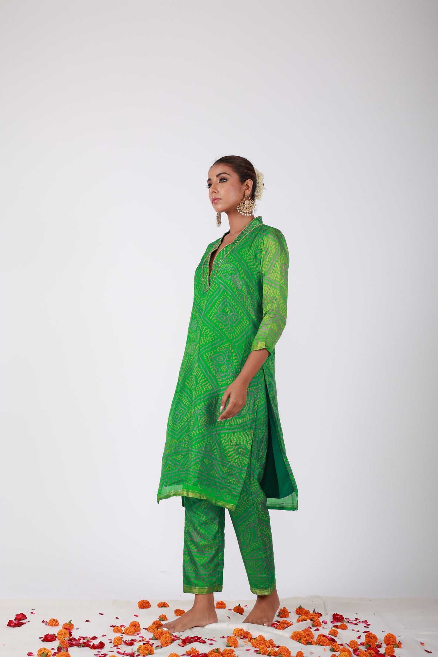 Green Bandhani Semi-Silk Kurta Set with Embellished Neckline