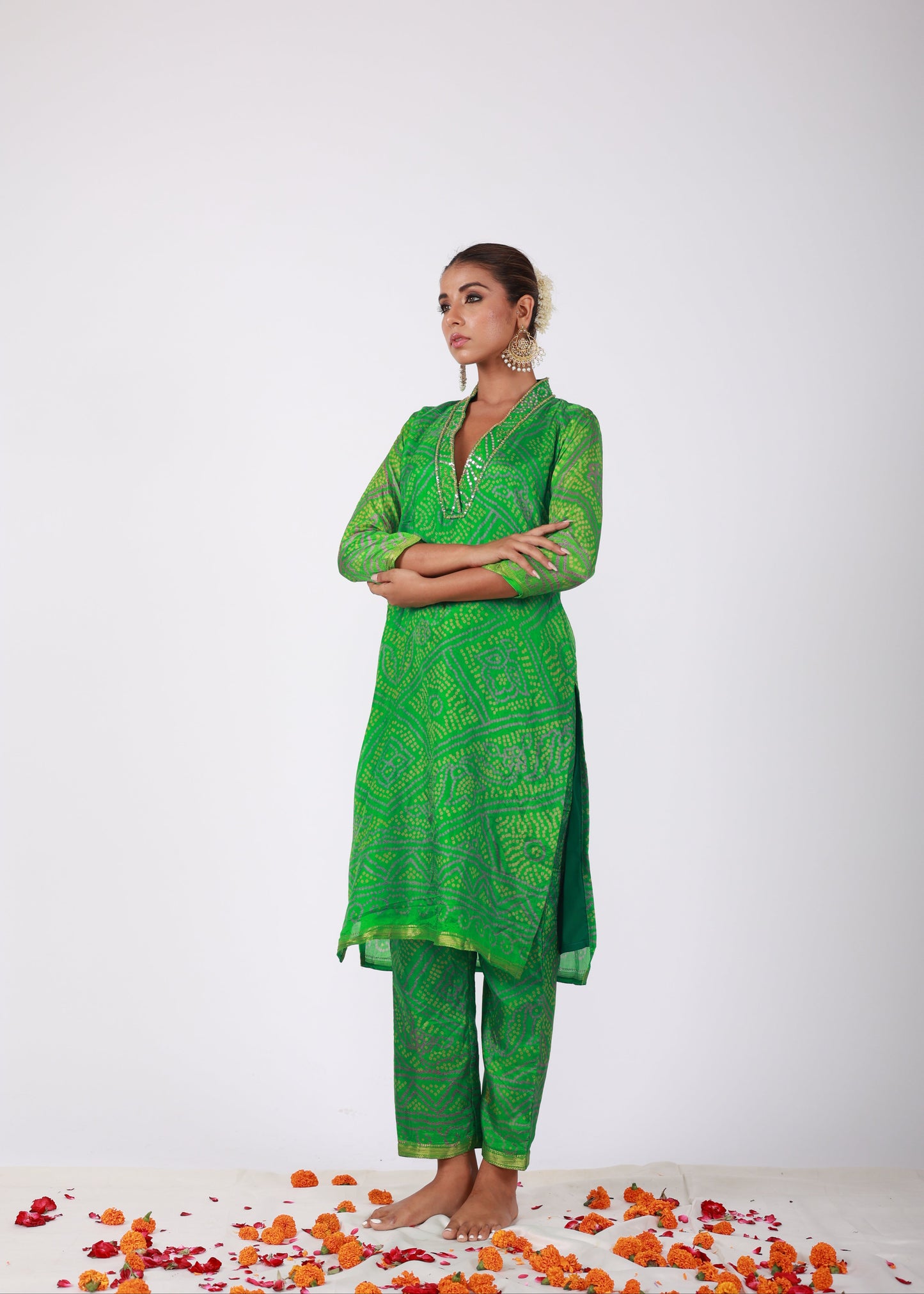 Green Bandhani Semi-Silk Kurta Set with Embellished Neckline