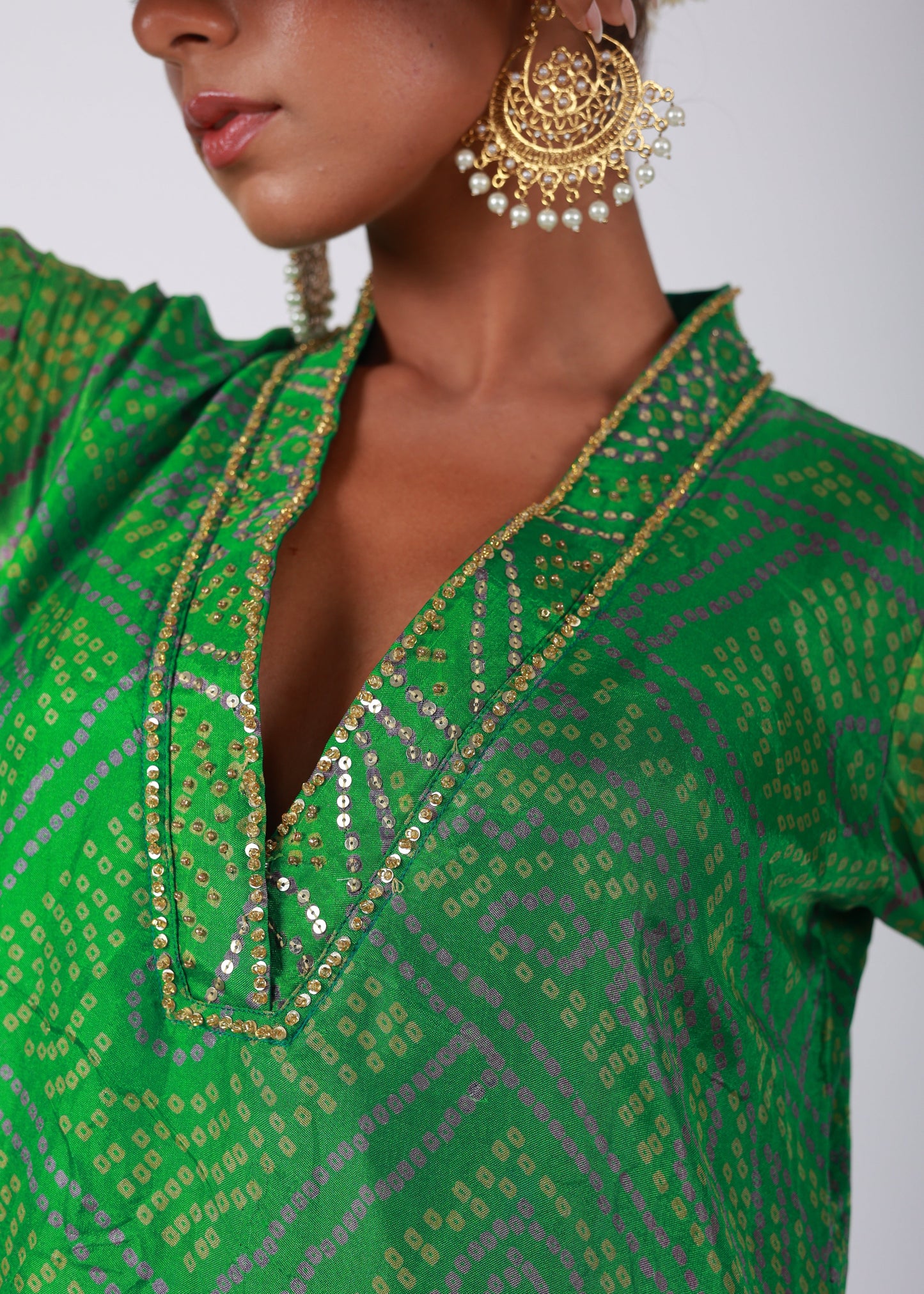 Green Bandhani Semi-Silk Kurta Set with Embellished Neckline
