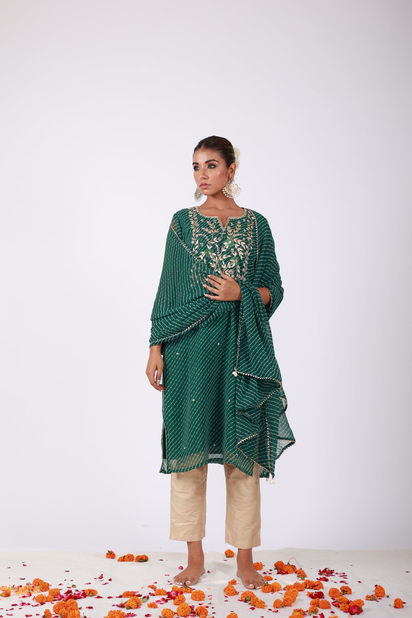 Green Bandhani Georgette Kurta Set with Gota Patti & Zari Work