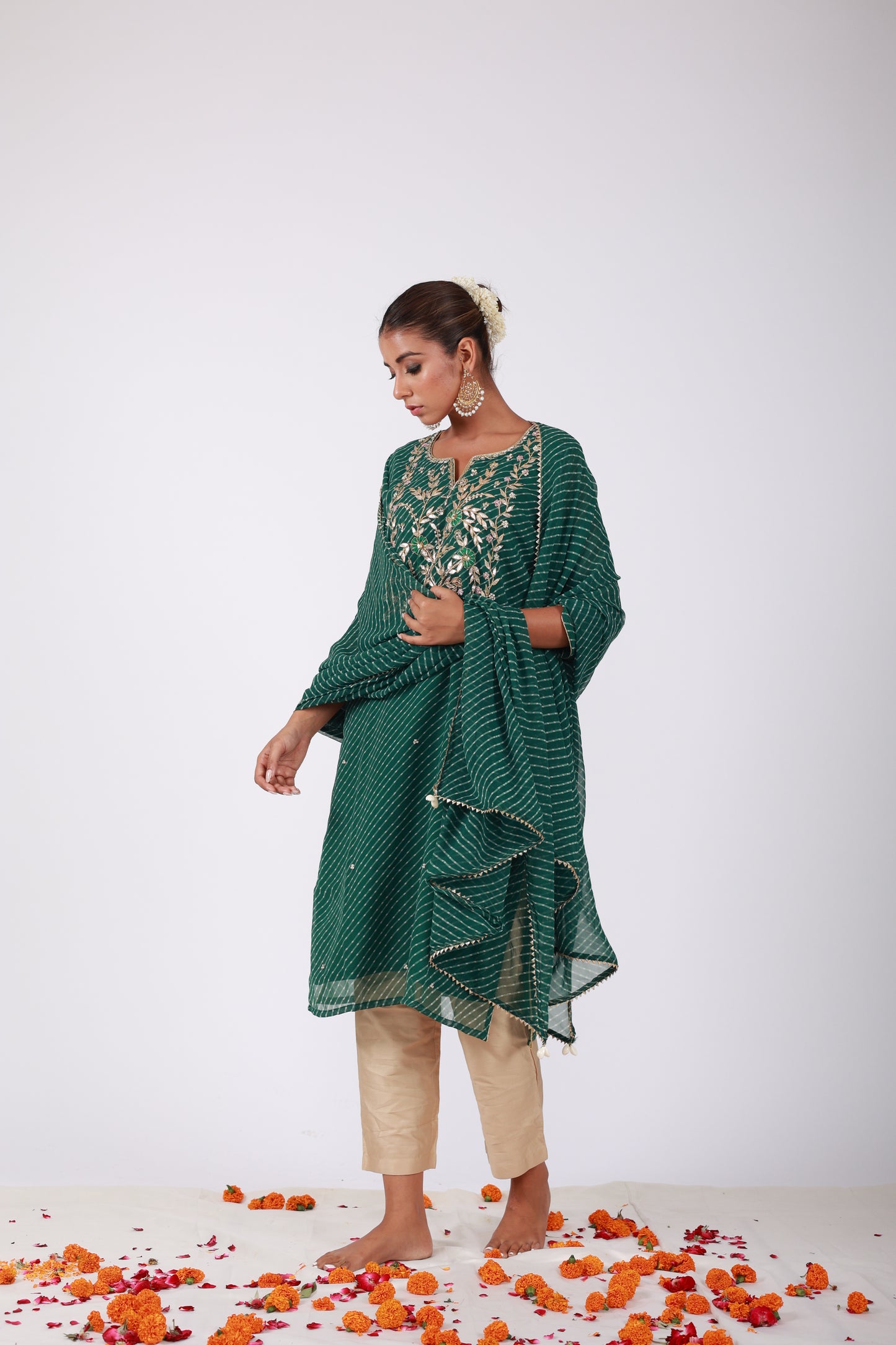 Green Bandhani Georgette Kurta Set with Gota Patti & Zari Work