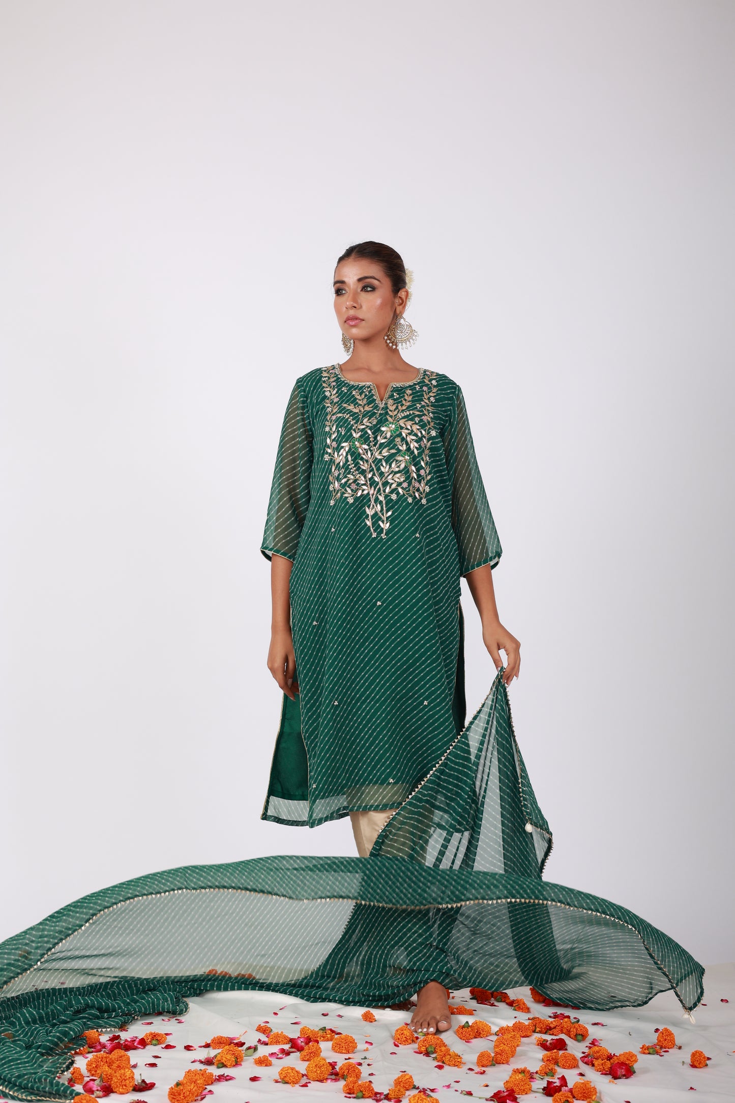 Green Bandhani Georgette Kurta Set with Gota Patti & Zari Work