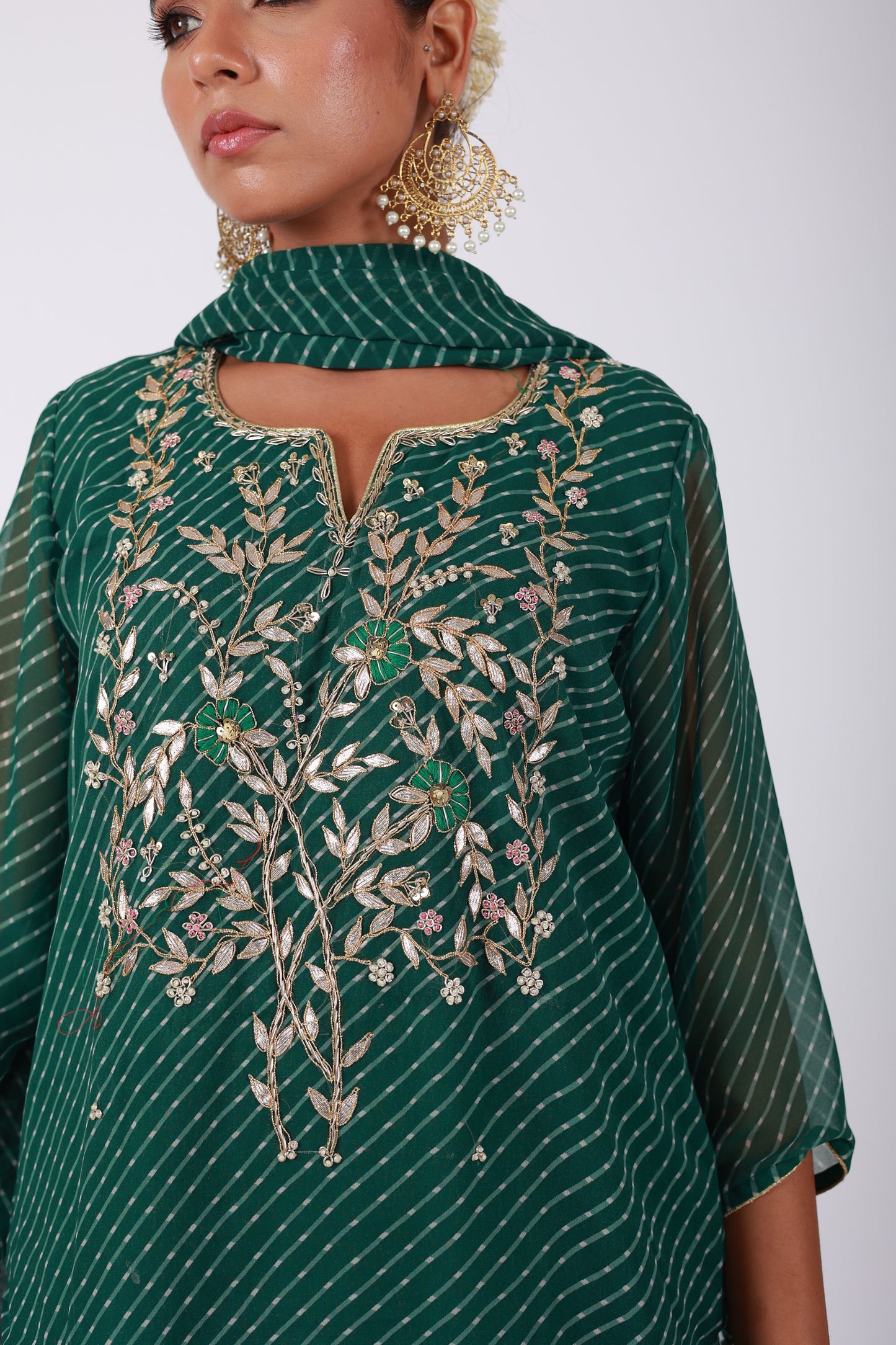 Green Bandhani Georgette Kurta Set with Gota Patti & Zari Work