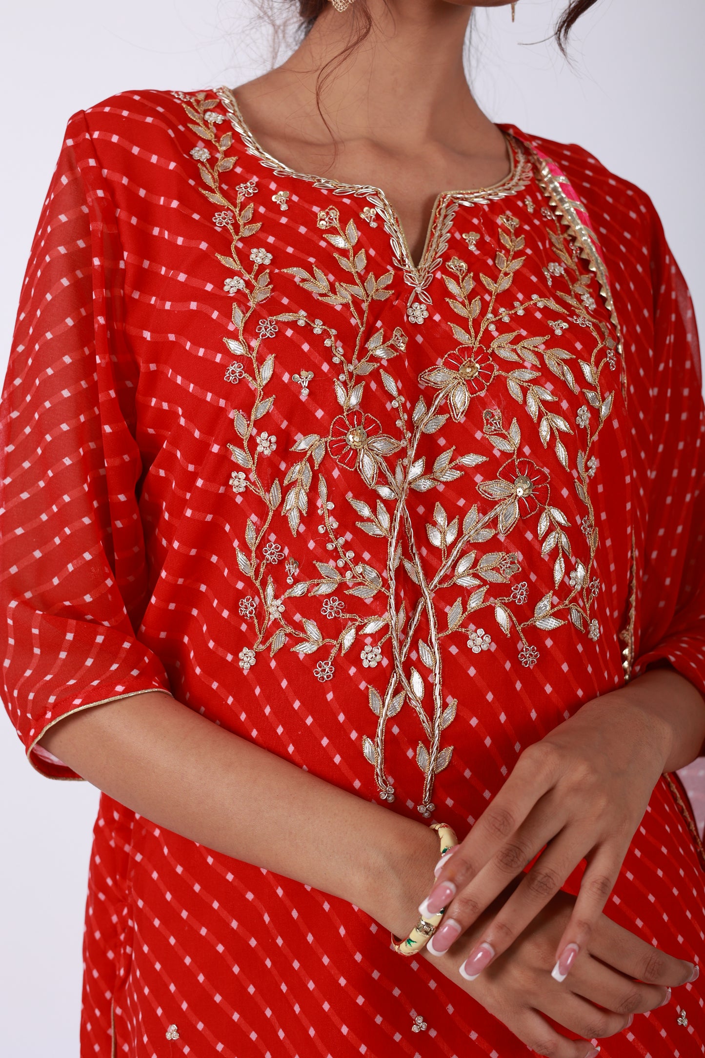 Red Bandhani Georgette Kurta Set with Gota Patti & Zari Embroidery