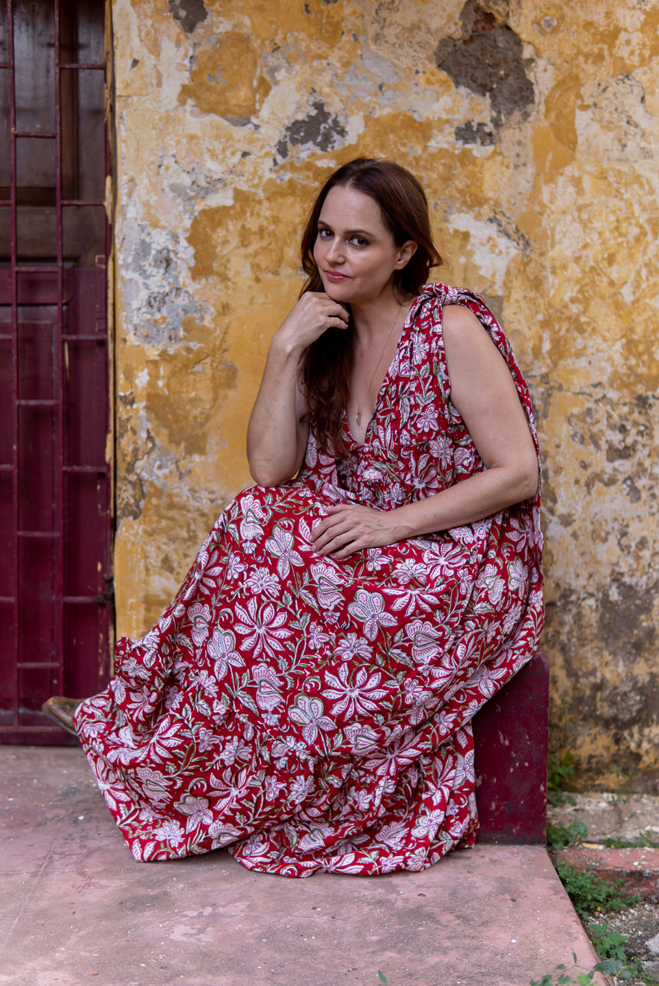 Red Flare – Floral Hand Block Printed Maxi Dress