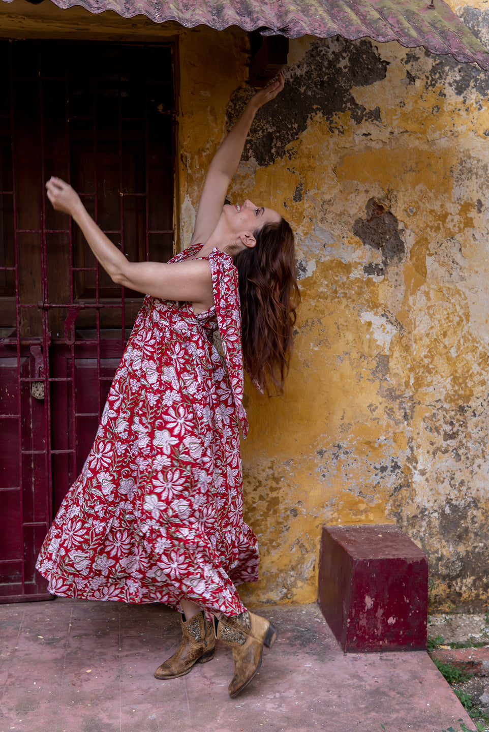 Red Flare – Floral Hand Block Printed Maxi Dress