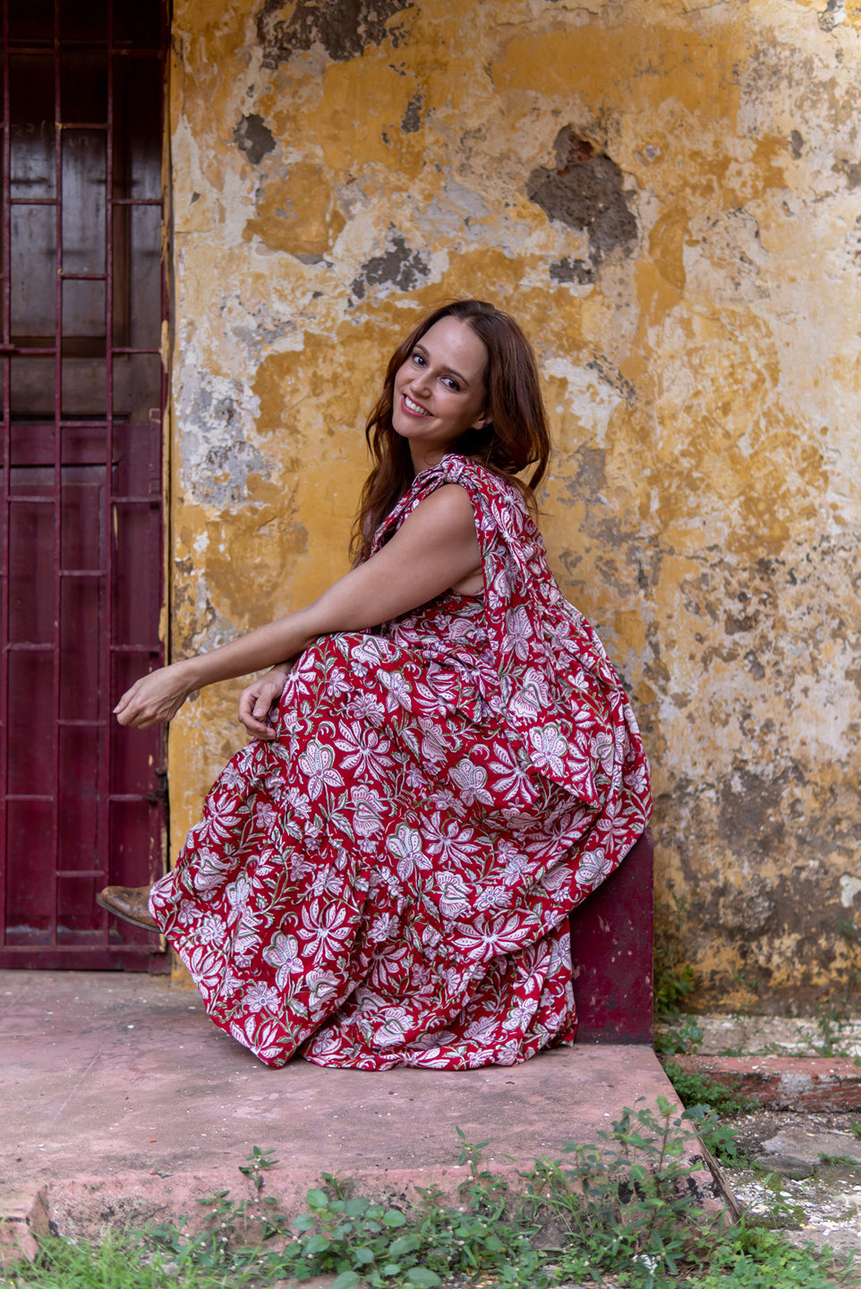 Red Flare – Floral Hand Block Printed Maxi Dress