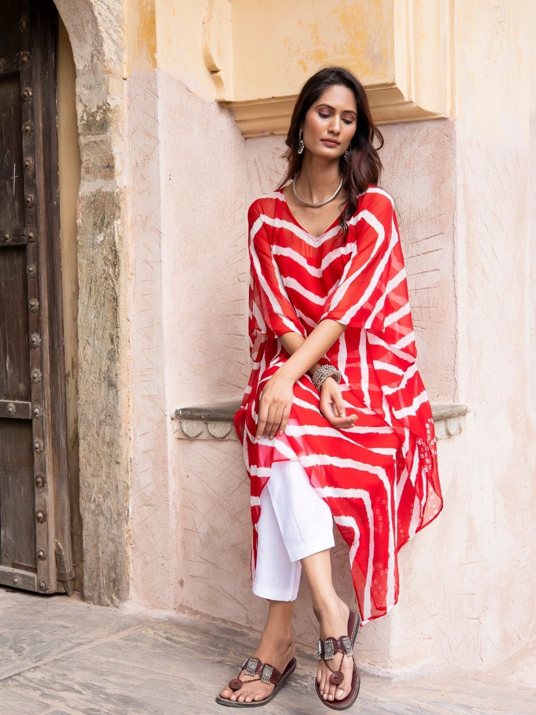 Gulamohar – Cherry Red Lehriya Chiffon Kaftan with Inner Slip | Rangisaa Collection by That Romeo