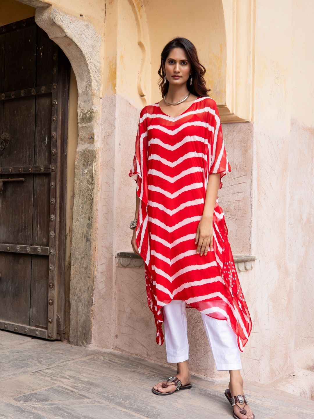 Gulamohar – Cherry Red Lehriya Chiffon Kaftan with Inner Slip | Rangisaa Collection by That Romeo