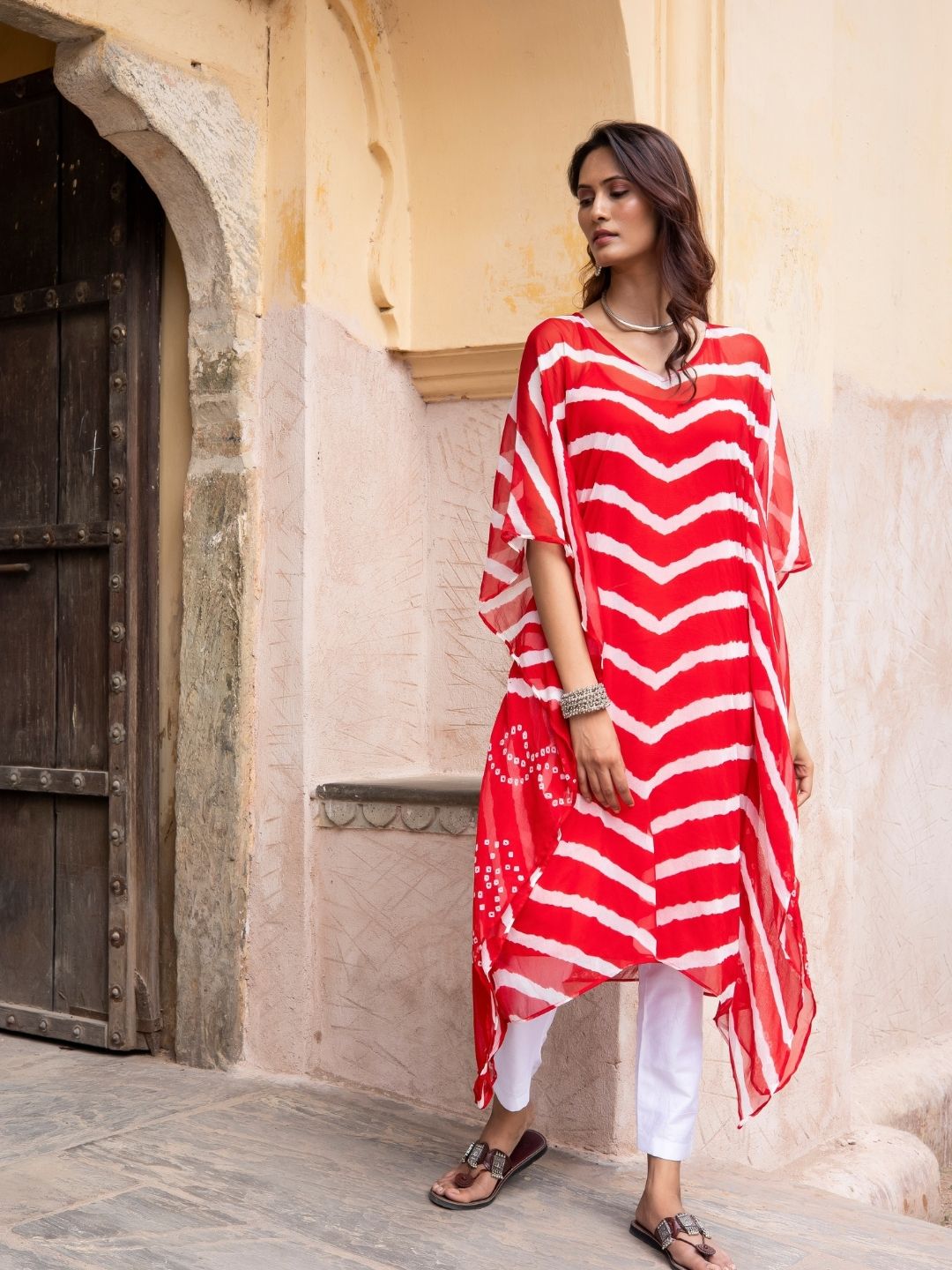 Gulamohar – Cherry Red Lehriya Chiffon Kaftan with Inner Slip | Rangisaa Collection by That Romeo