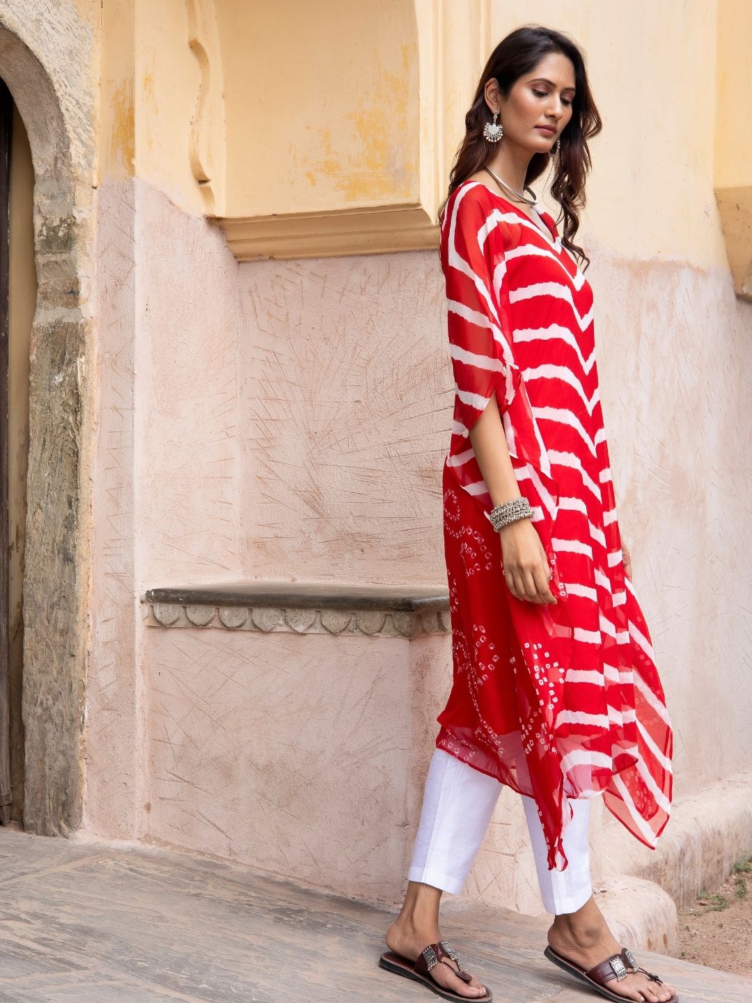 Gulamohar – Cherry Red Lehriya Chiffon Kaftan with Inner Slip | Rangisaa Collection by That Romeo