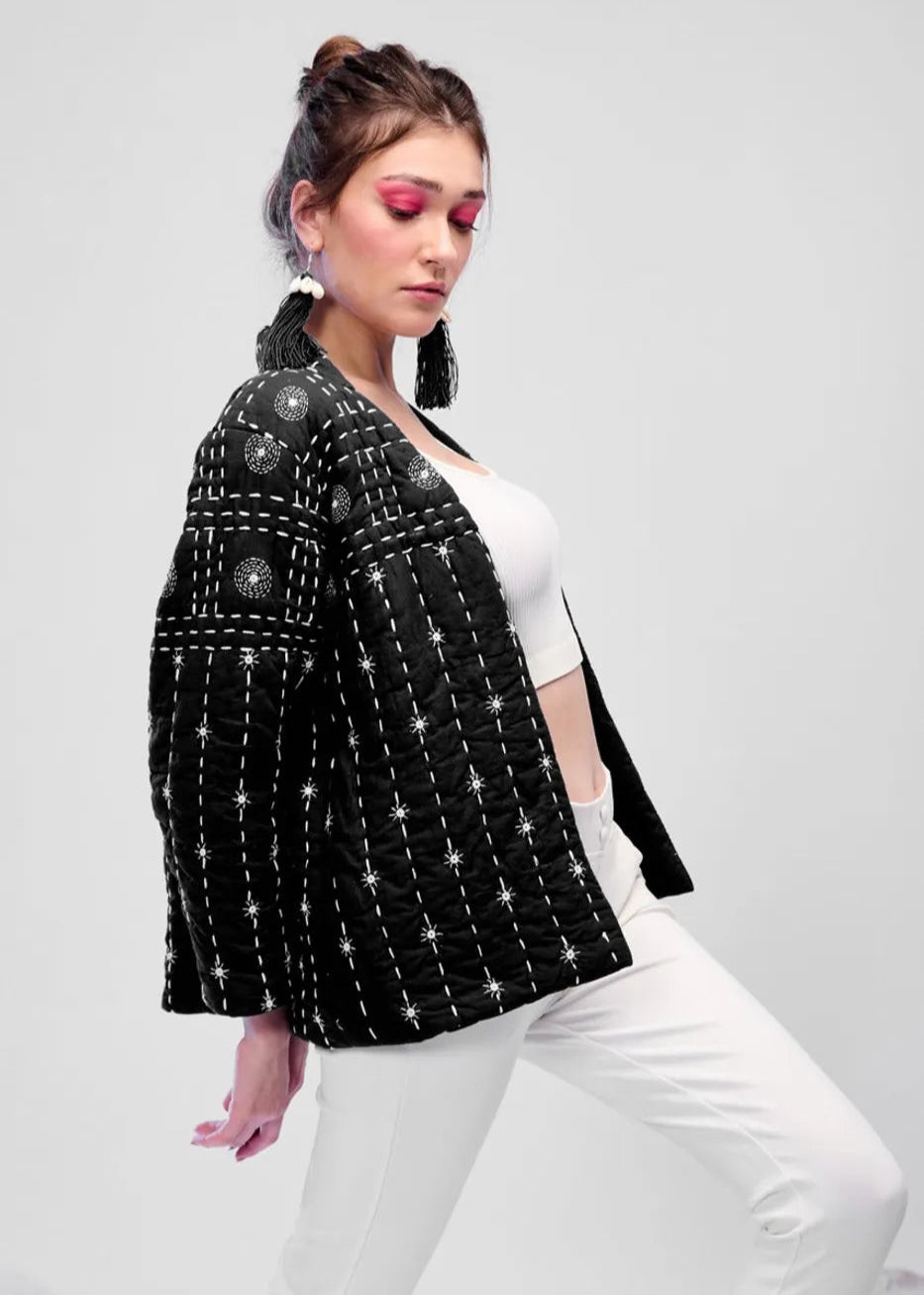 Zayla – Black Hand-Quilted Katha Embroidered Jacket