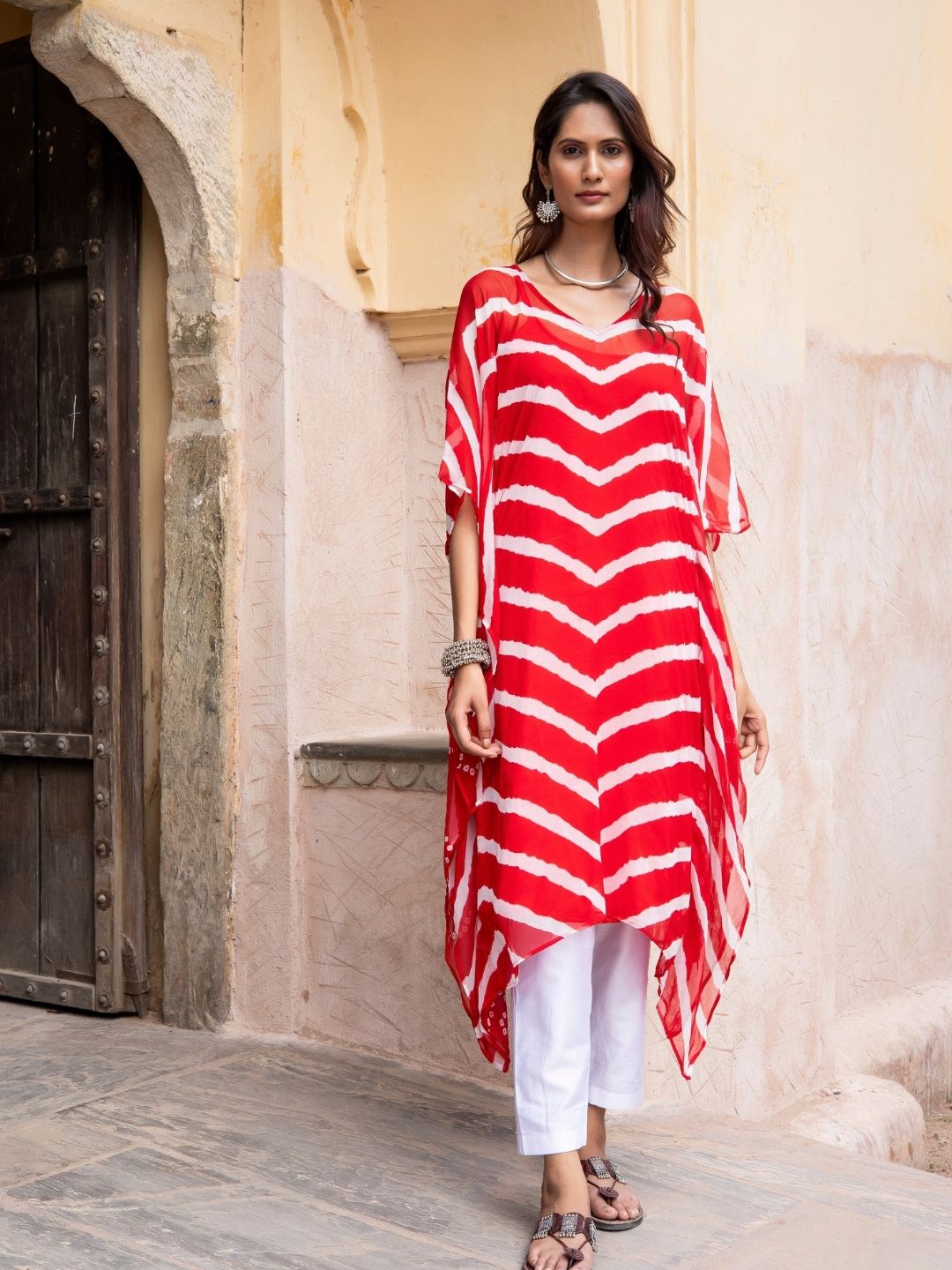 Gulamohar – Cherry Red Lehriya Chiffon Kaftan with Inner Slip | Rangisaa Collection by That Romeo