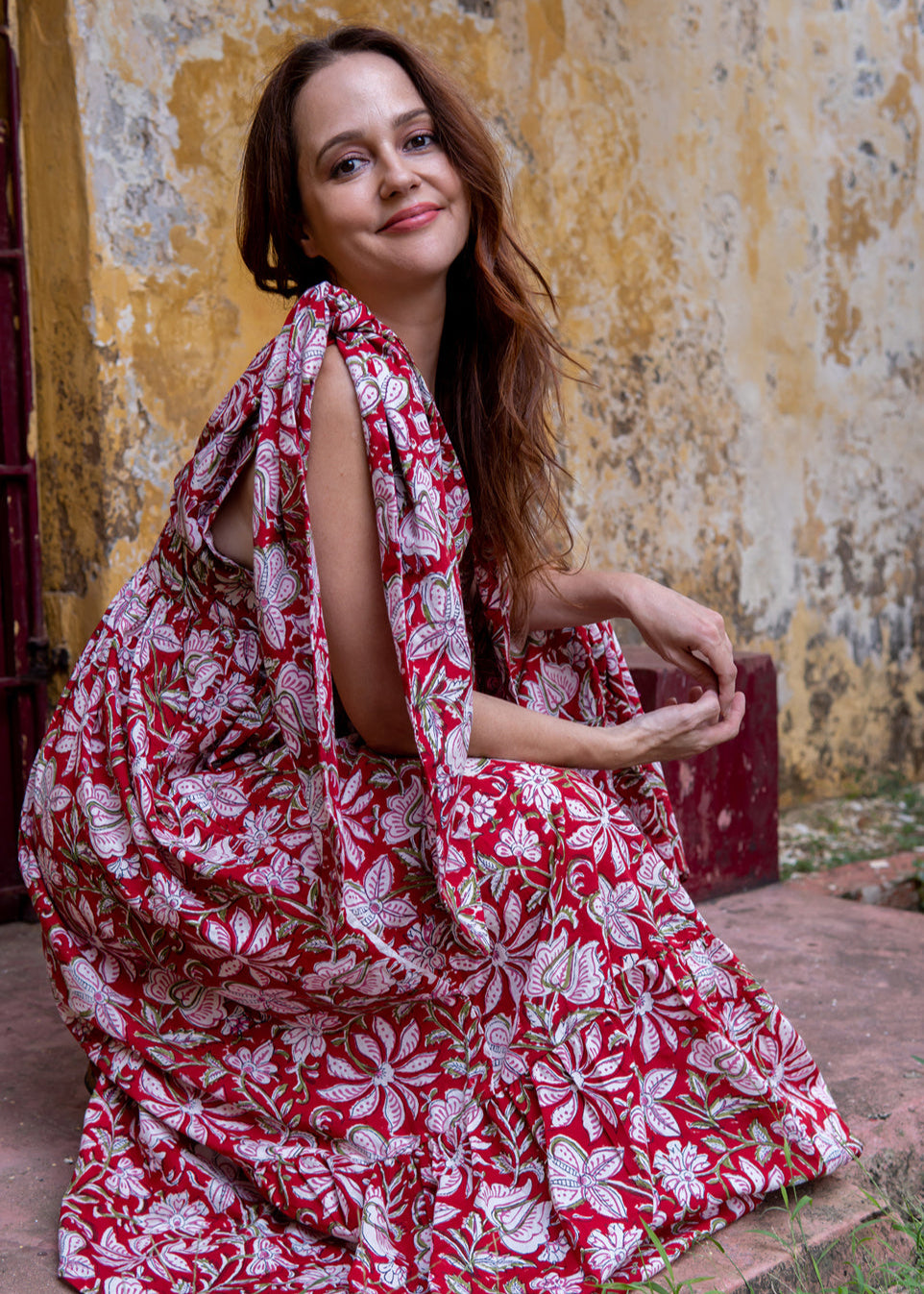Red Flare – Floral Hand Block Printed Maxi Dress