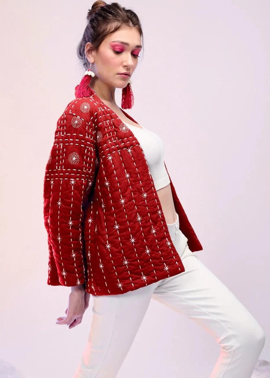 Svea – Hand Quilted Katha Embroidered Jacket in Red
