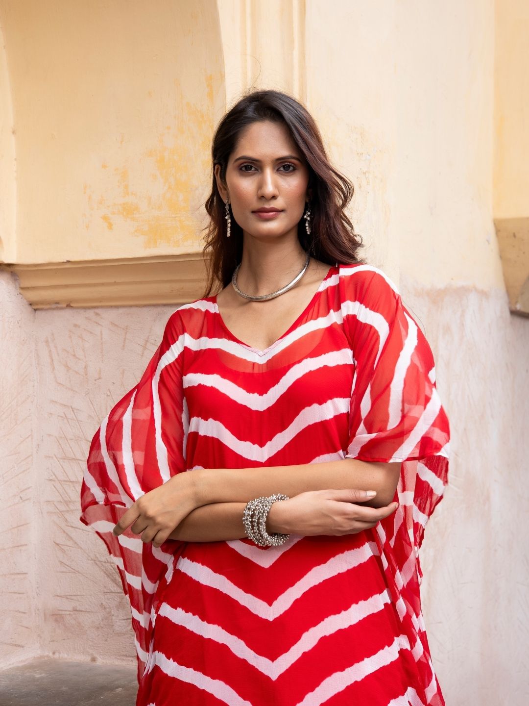 Gulamohar – Cherry Red Lehriya Chiffon Kaftan with Inner Slip | Rangisaa Collection by That Romeo