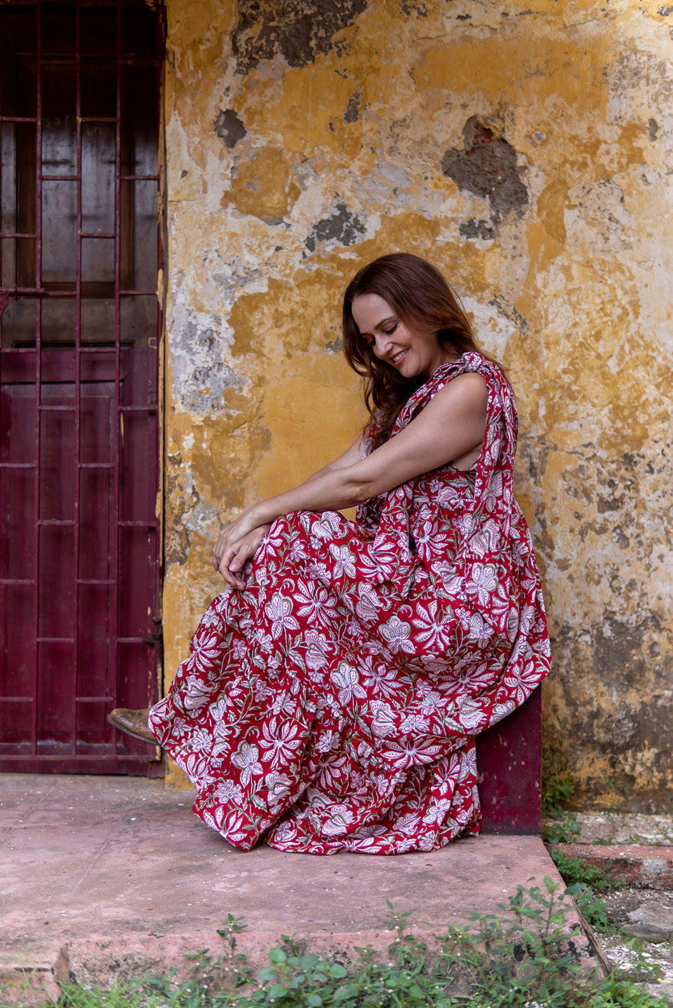 Red Flare – Floral Hand Block Printed Maxi Dress