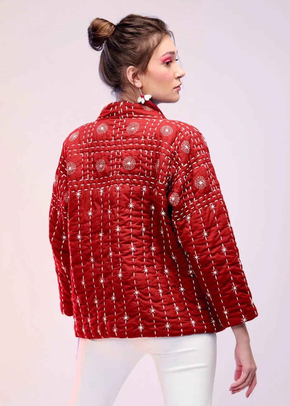 Svea – Hand Quilted Katha Embroidered Jacket in Red