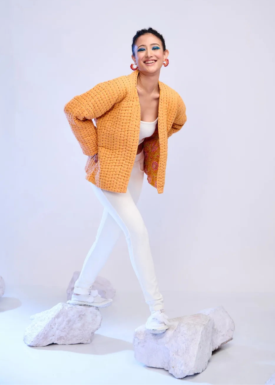 Petally – Ochre Handquilted Katha Embroidered Cotton Jacket