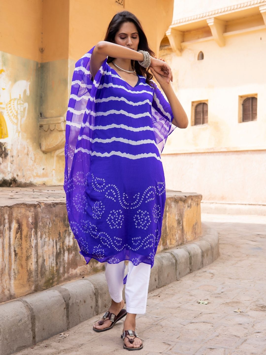 Neel Kamal – Navy Blue Bandhani Semi-Silk Kaftan with Inner Slip | Rangisaa Collection by That Romeo