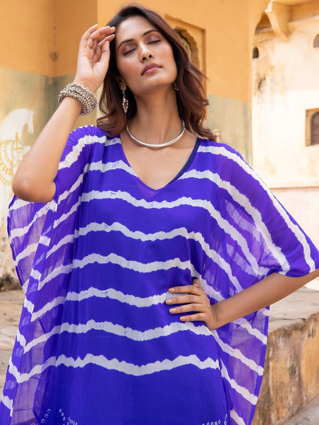 Neel Kamal – Navy Blue Bandhani Semi-Silk Kaftan with Inner Slip | Rangisaa Collection by That Romeo