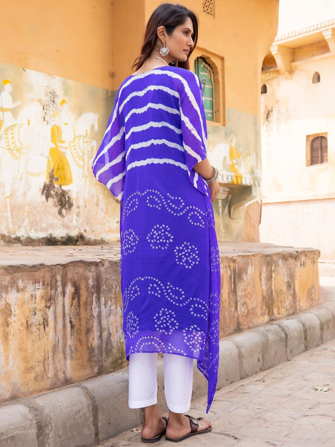 Neel Kamal – Navy Blue Bandhani Semi-Silk Kaftan with Inner Slip | Rangisaa Collection by That Romeo
