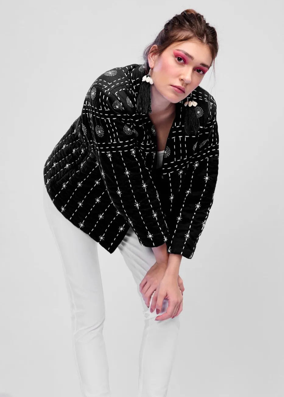 Zayla – Black Hand-Quilted Katha Embroidered Jacket