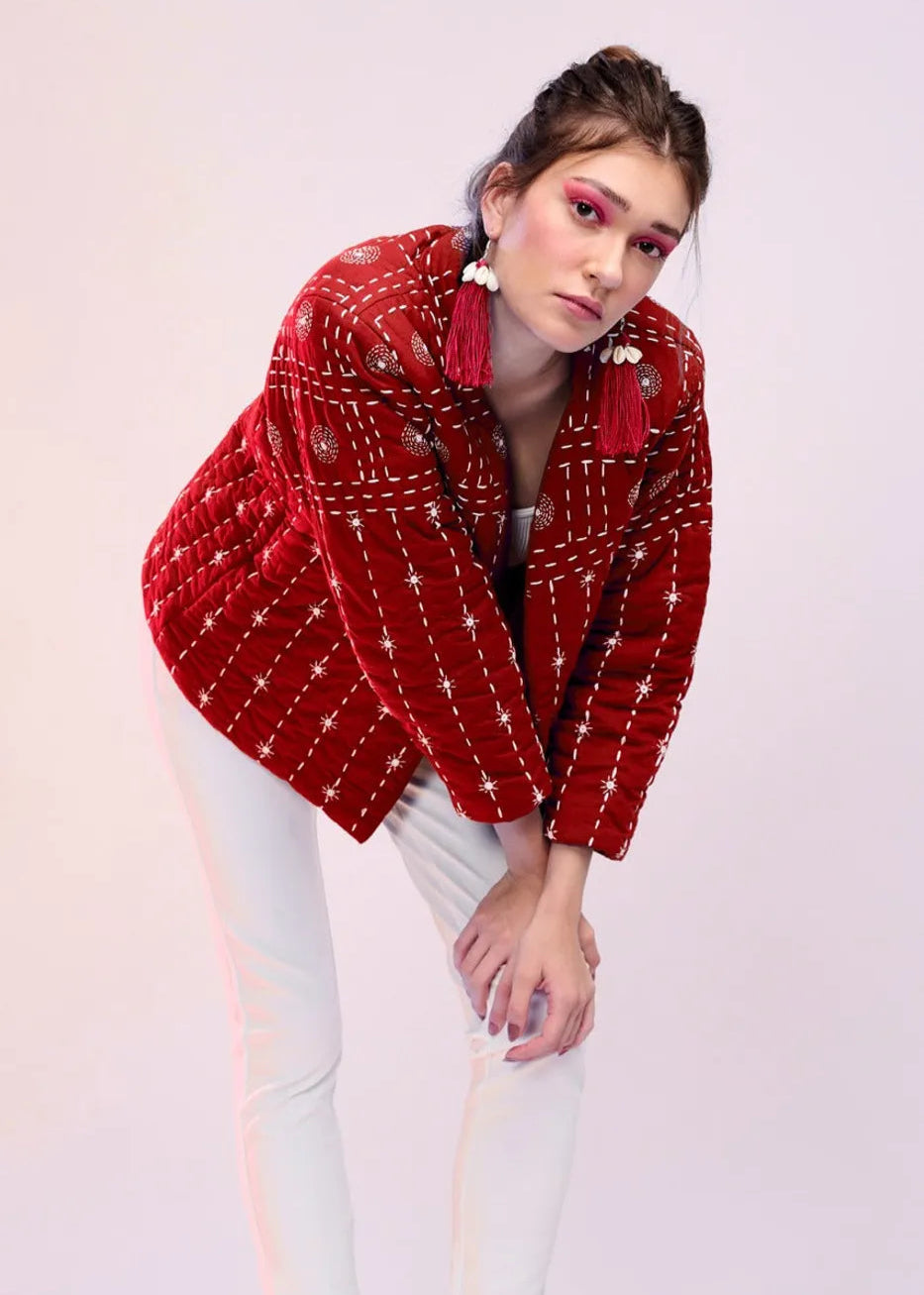 Svea – Hand Quilted Katha Embroidered Jacket in Red