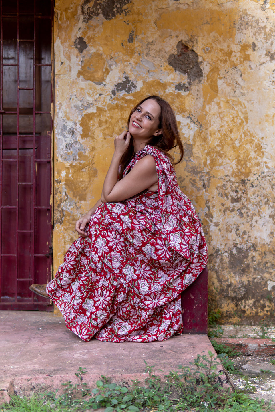 Red Flare – Floral Hand Block Printed Maxi Dress